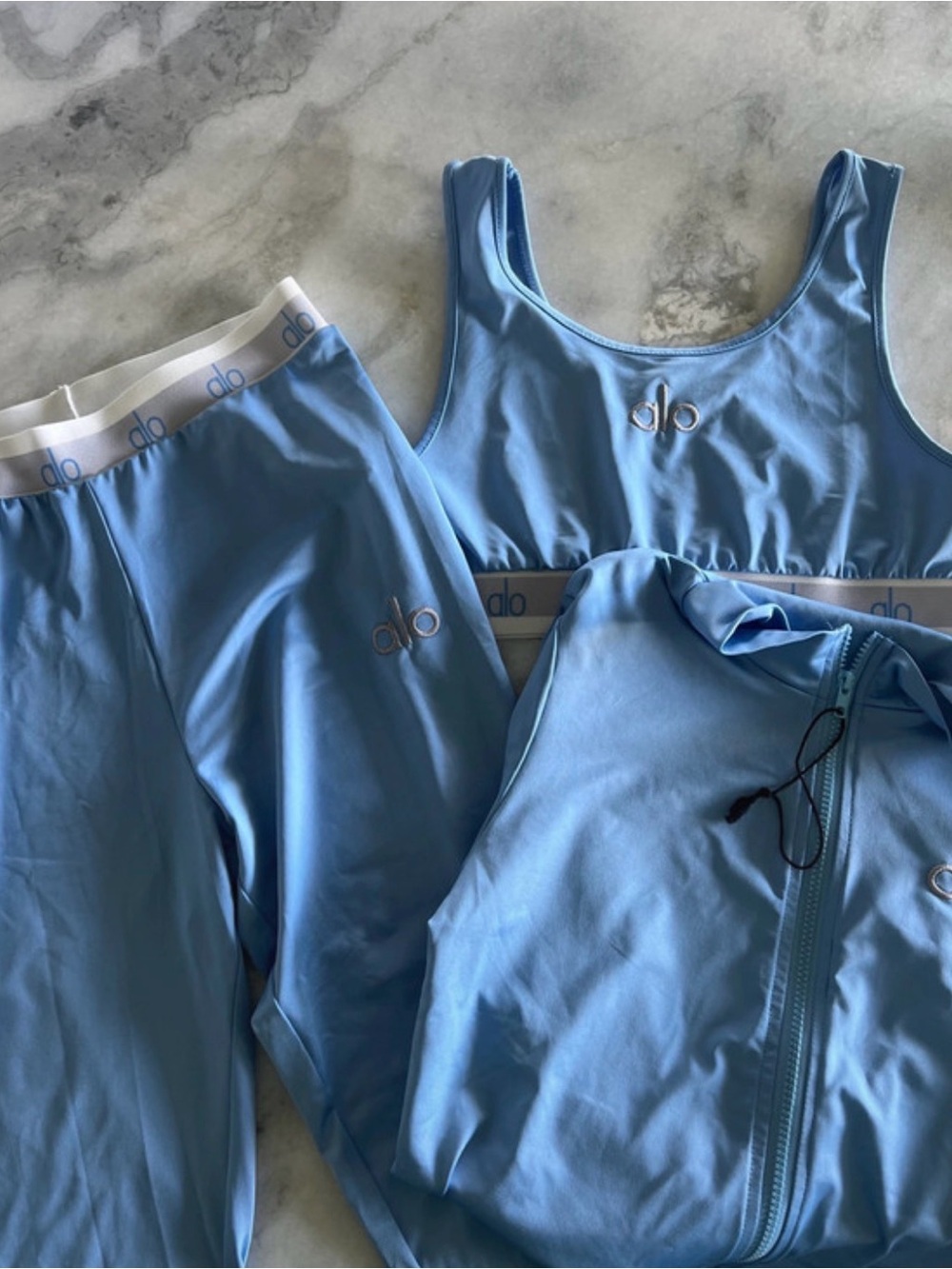 ALO Yoga Sky Blue 3-Piece Active Set — Bra, Leggings & Zip Jacket